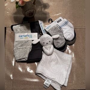 Carter's Child of Mine baby bundle pants sz 6-9m, socks pk of 6 sz 6-12m & toy